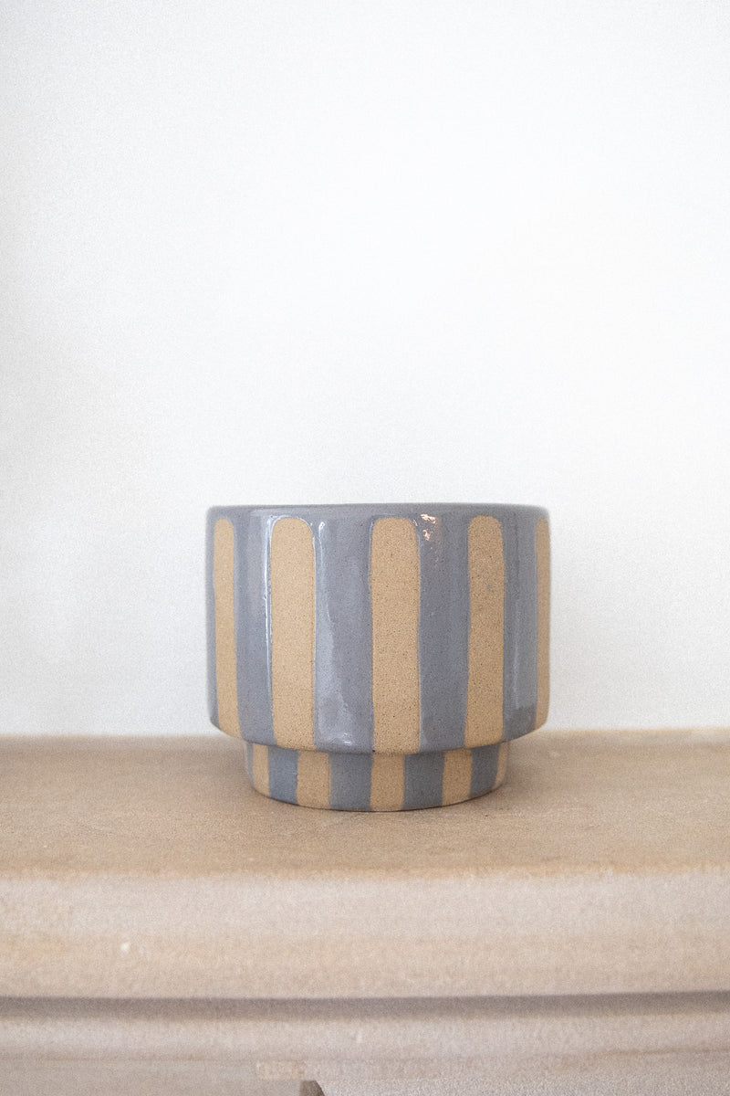 LILAC + BROWN STONEWARE PLANTER WITH STRIPES