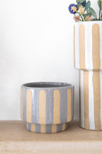 LILAC + BROWN STONEWARE PLANTER WITH STRIPES