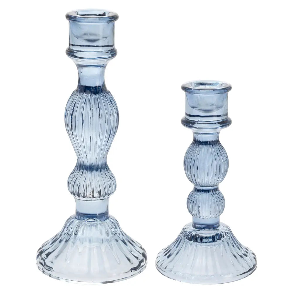 NAVY GLASS CANDLE STICKS - SET OF 2