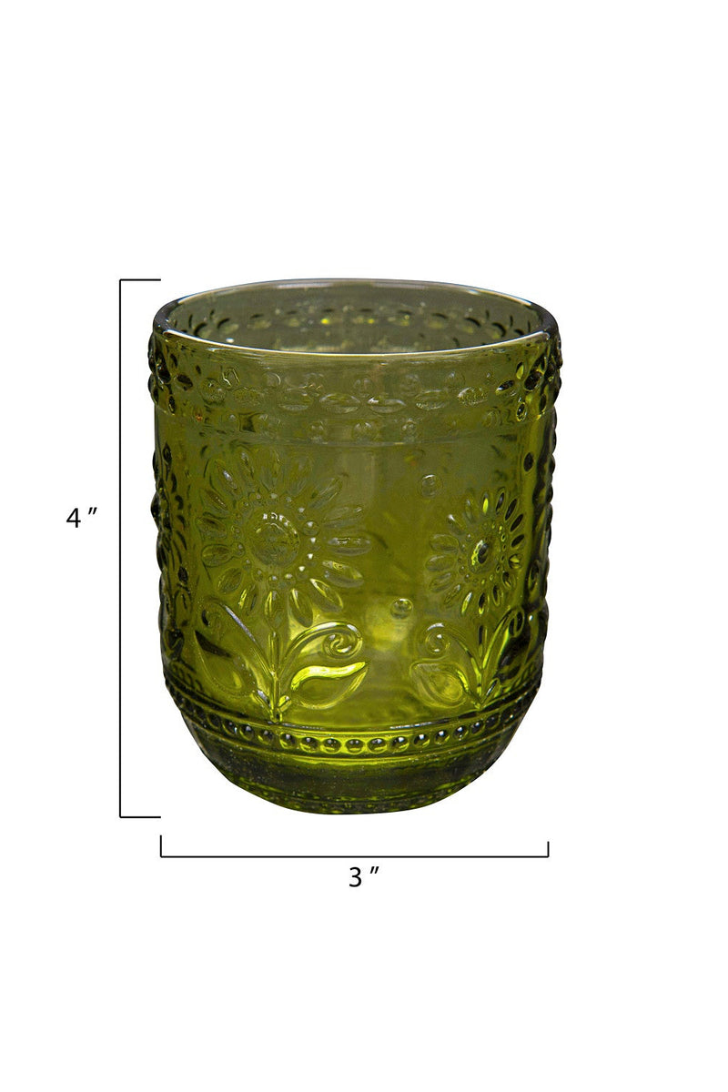 EMBOSSED GREEN DRINKING GLASS - SET OF 4