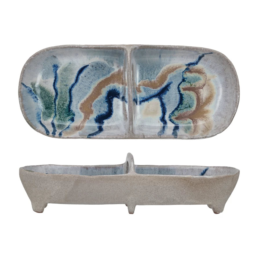 STONEWARE 2 SECTION DISH
