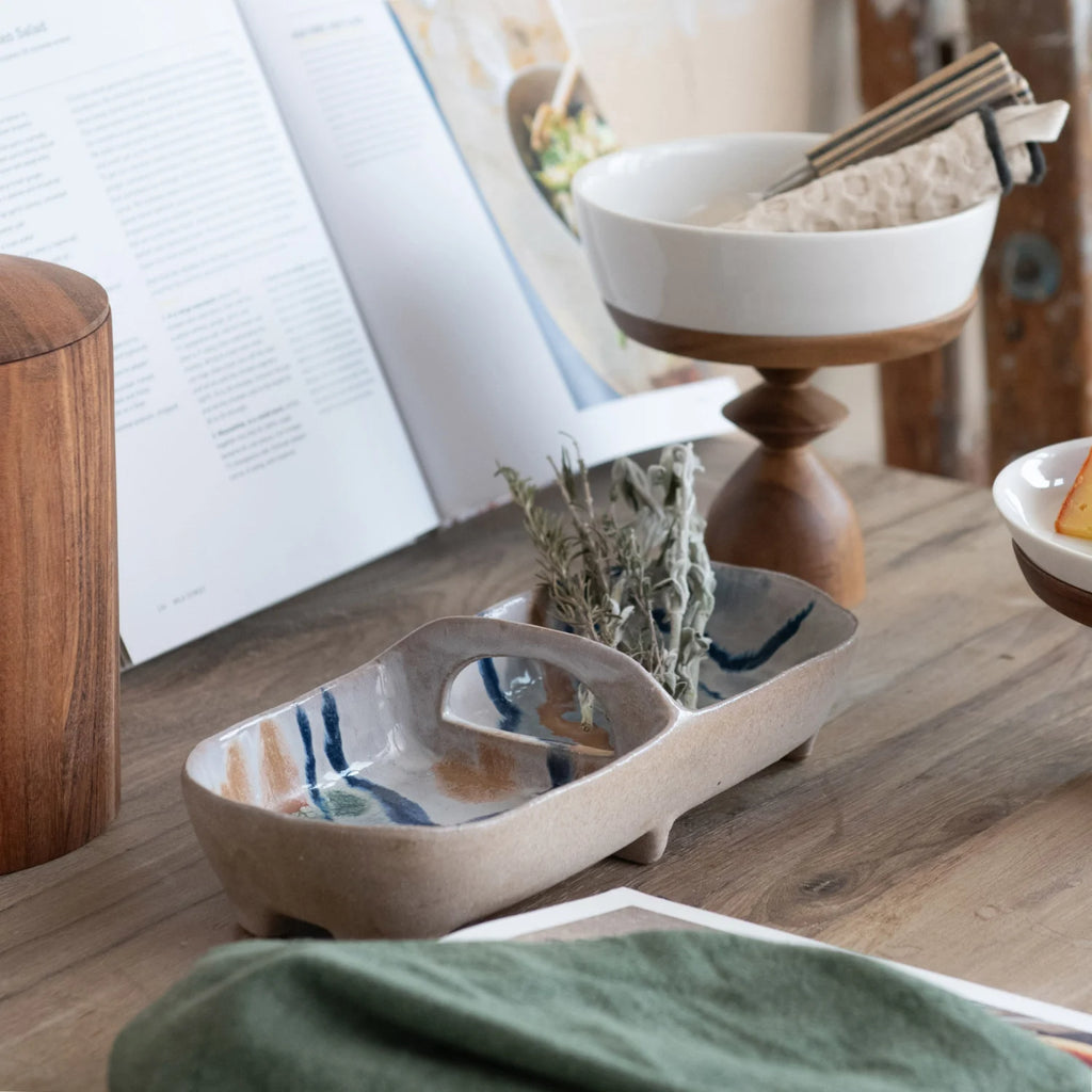 STONEWARE 2 SECTION DISH