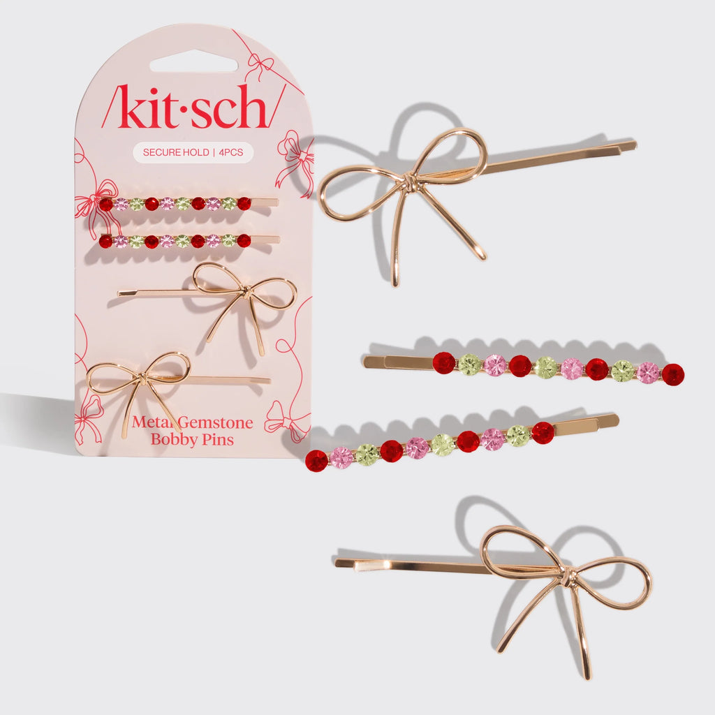 HOLIDAY GEMSTONE AND BOW BOBBY PINS