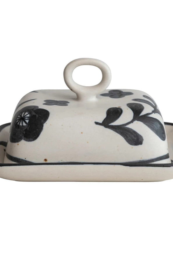HAND PAINTED STONEWARE BUTTER DISH WITH FLORAL DESIGN
