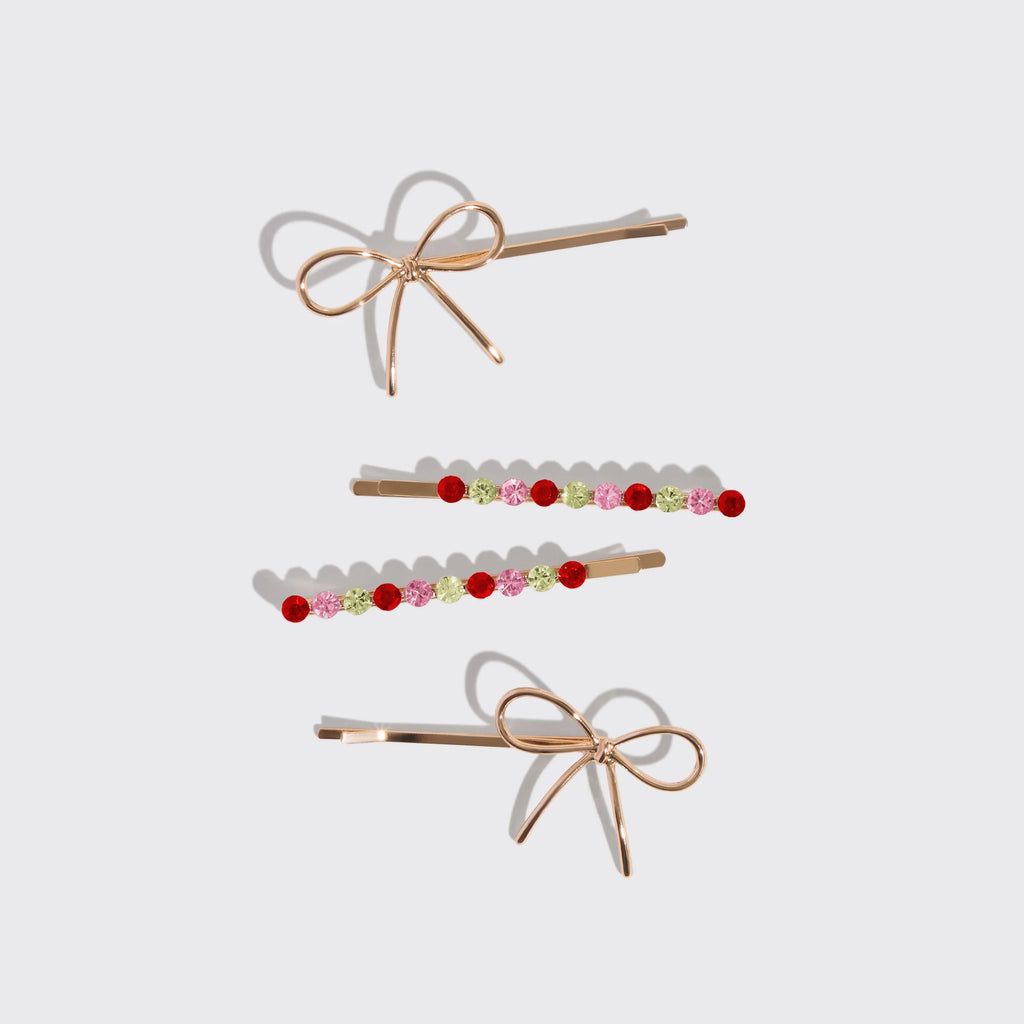 HOLIDAY GEMSTONE AND BOW BOBBY PINS