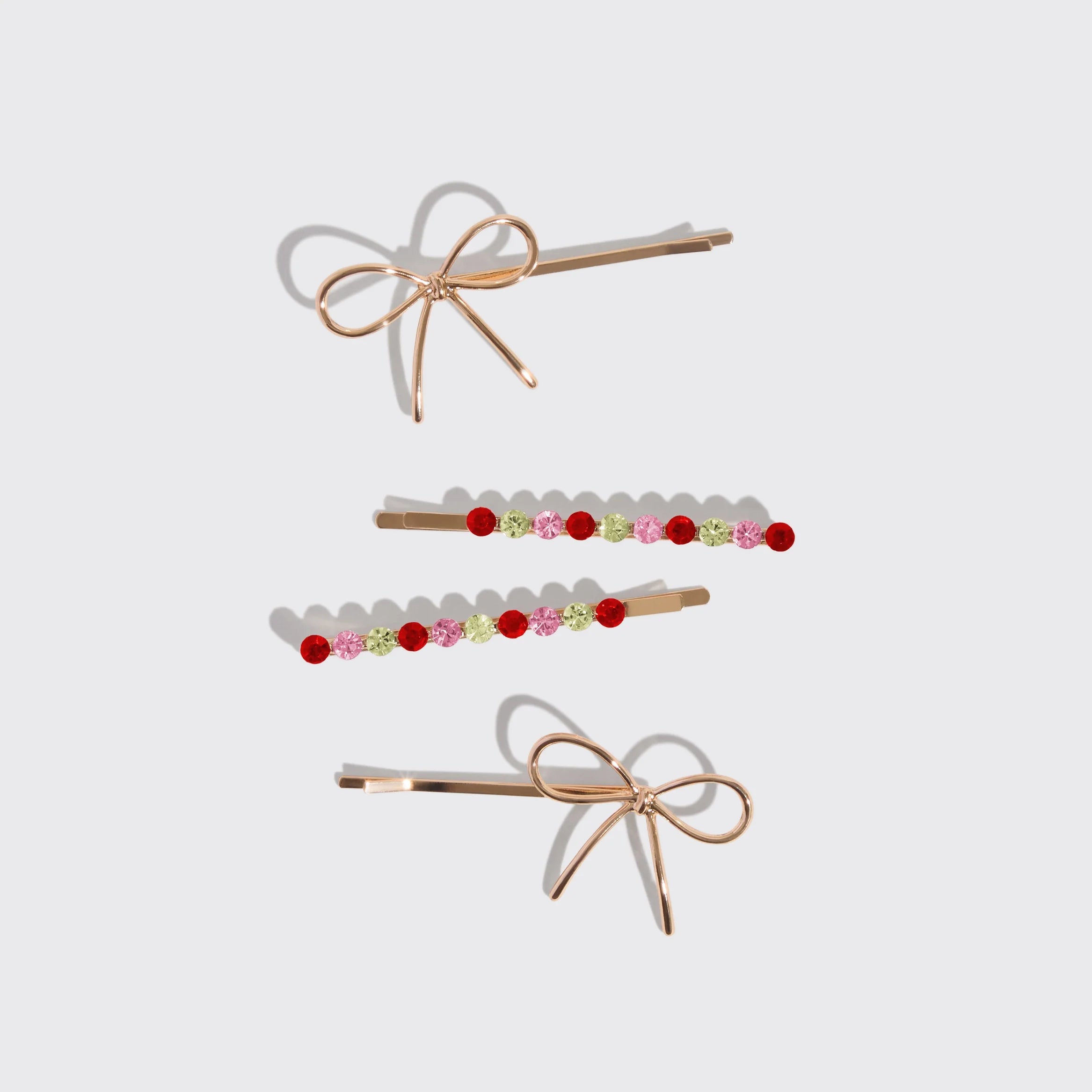 HOLIDAY GEMSTONE AND BOW BOBBY PINS