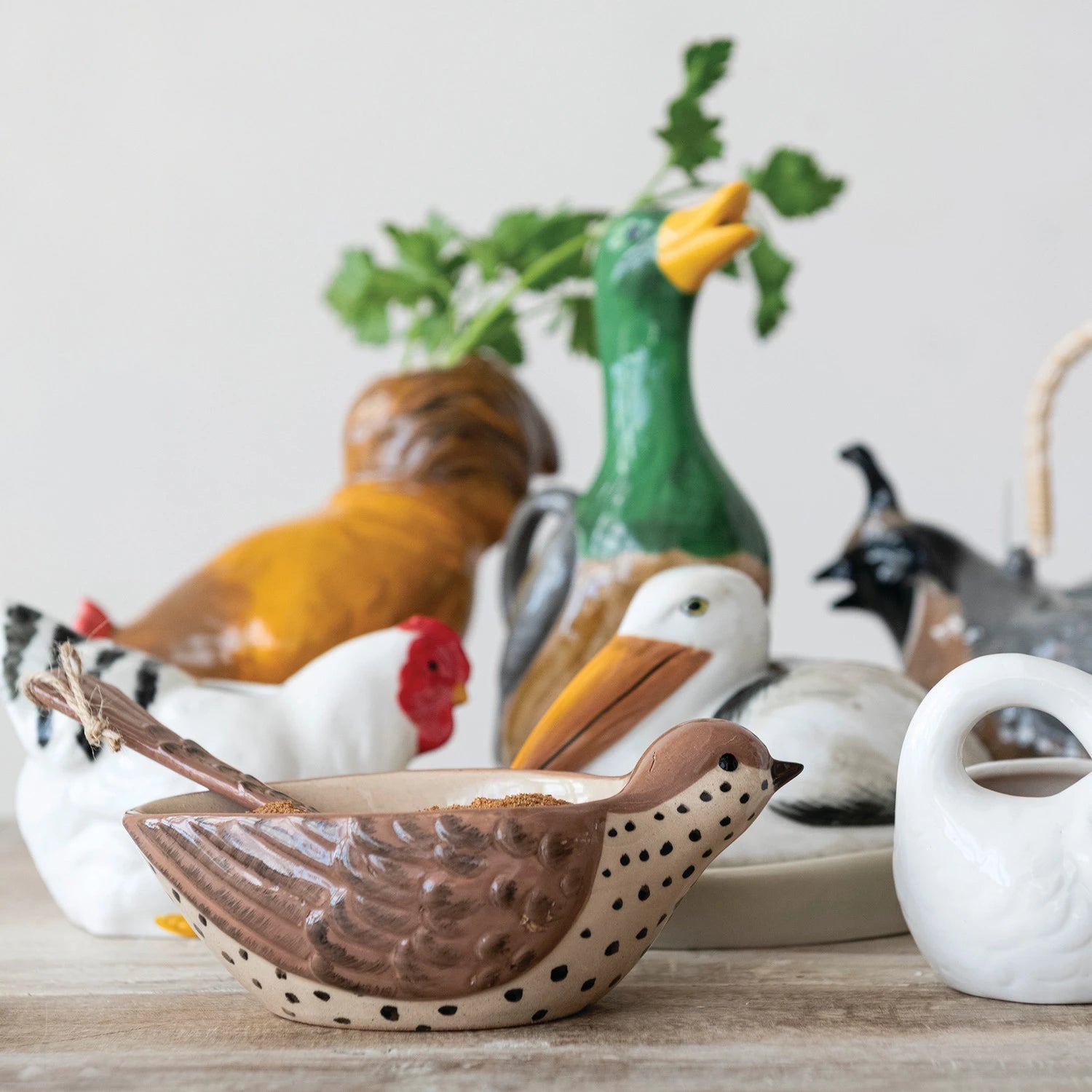HAND-PAINTED STONEWARE BIRD BOWL