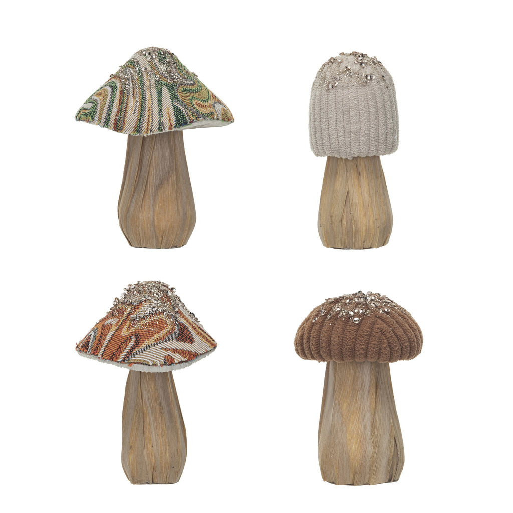 Fabric Topped Foam Mushrooms w/ Wood Base, Set of 4