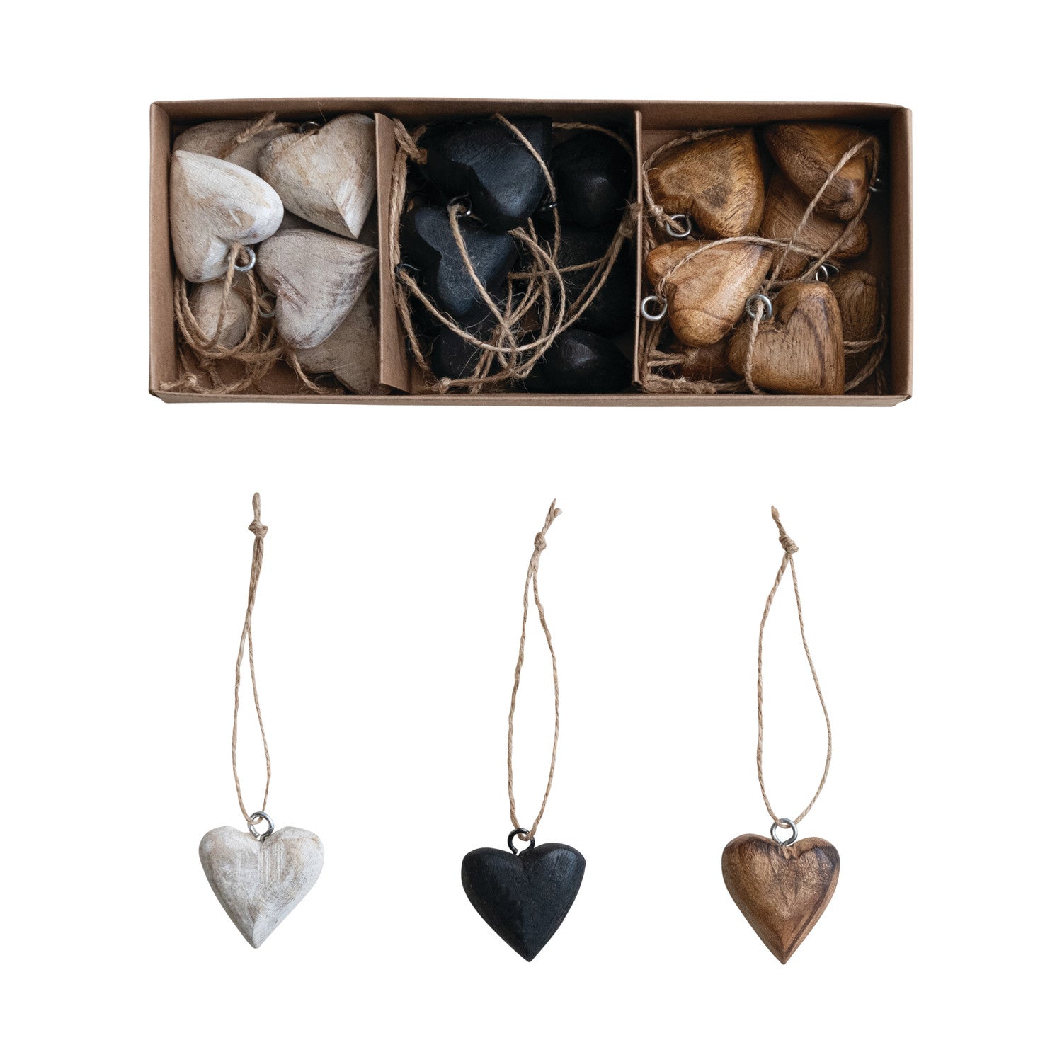 Mango Wood Heart Ornaments with Jute Hangers, Boxed Set of 24