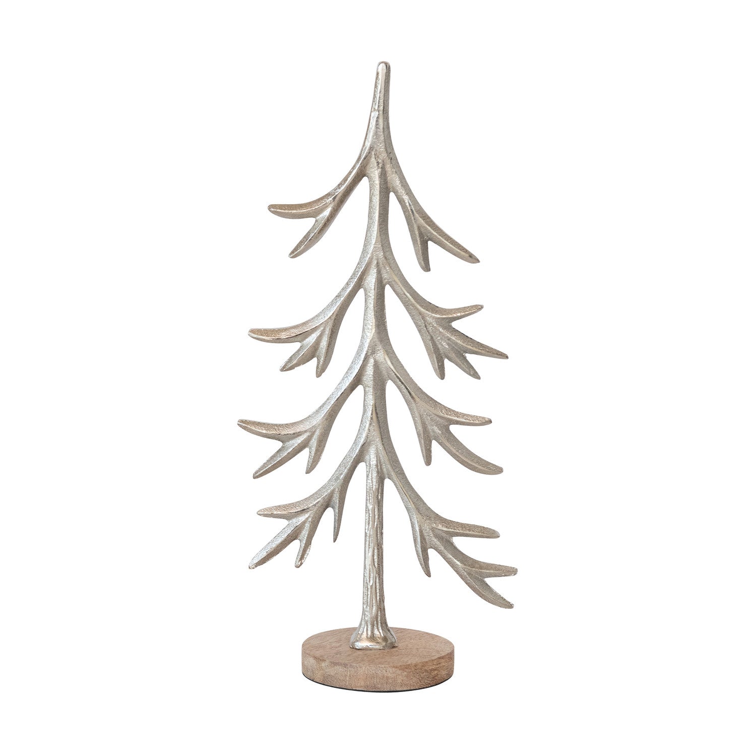 Cast Aluminum Tree with Mango Wood Base, Silver Finish & Natural