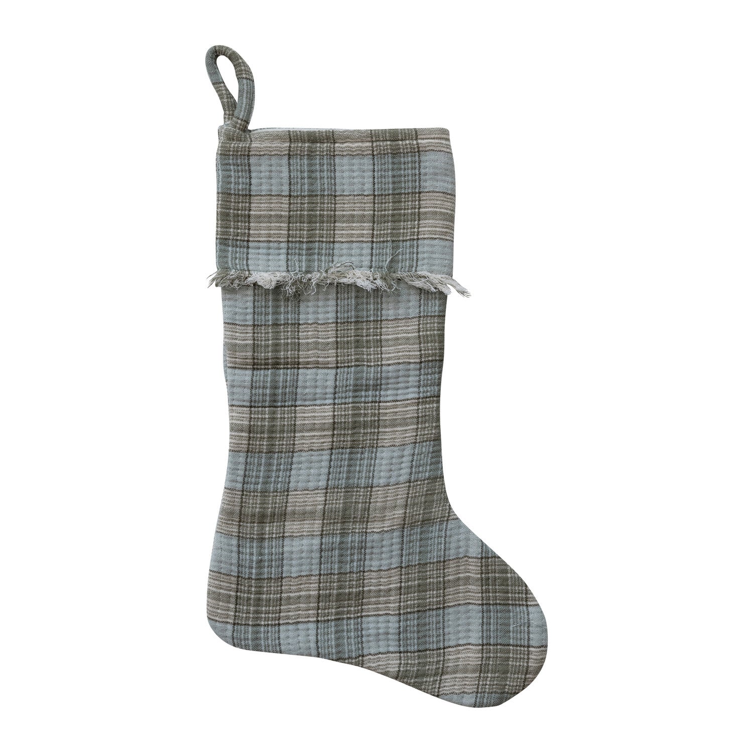 20"H Woven Cotton Double Cloth Stocking with Frayed Edge Plaid