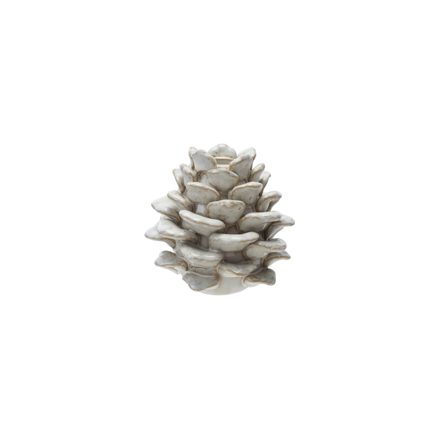 Stoneware Pinecone Shaped Taper Holder, Reactive Glaze, Cream Color