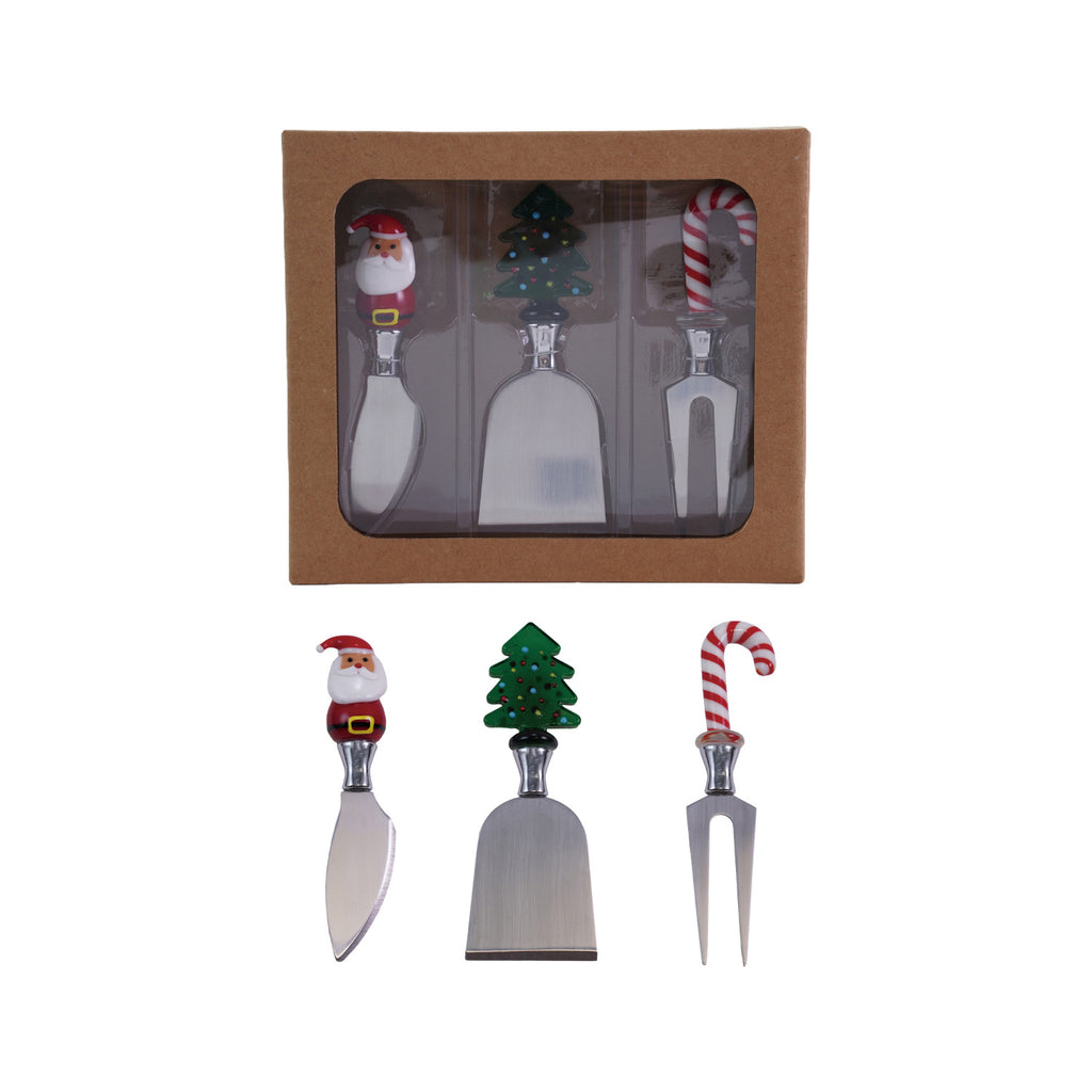 Cheese Knives with Hand-Blown Glass Holiday Icon Handle, Boxed Set of 3