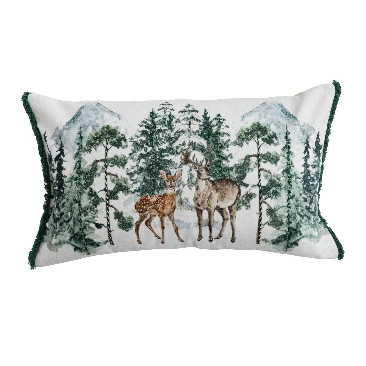 Velvet Lumbar Pillow with Woodland Deer Scene, Embroidery & Fringe