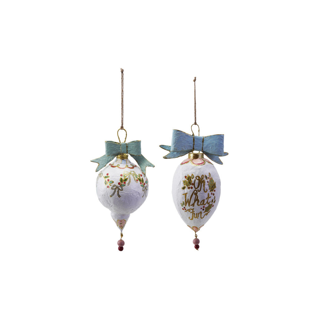 Hand-Painted Paper Mache Ornament with Bow & Design, 2 Styles ©