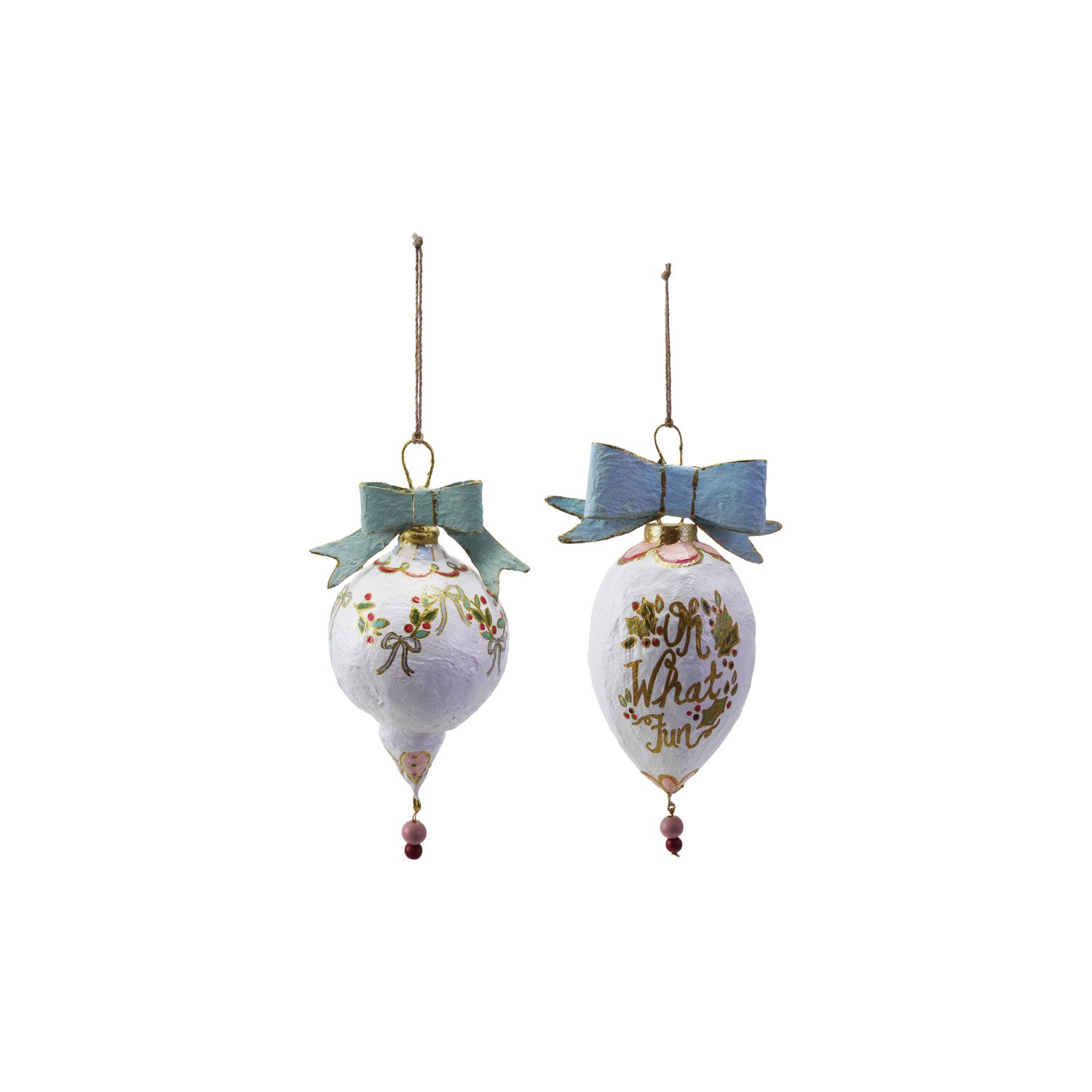 Hand-Painted Paper Mache Ornament with Bow & Design, 2 Styles ©